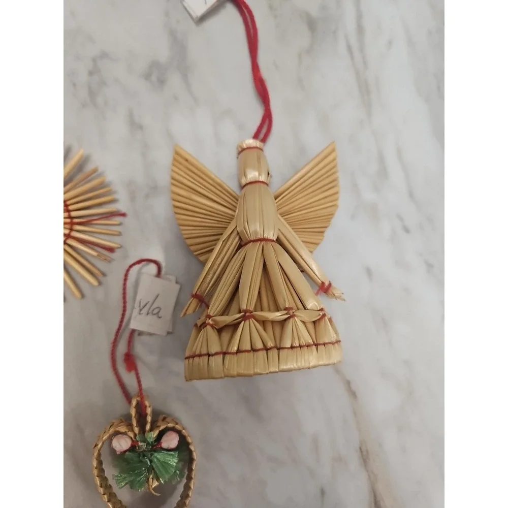 Straw Vintage Set Primitive Hand Made Ornament Christmas Stars & Angel Set Of 5